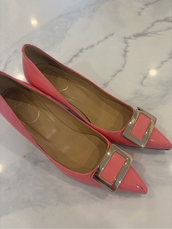 Roger Vivier Shoes - Roger Vivier Coral Pink Patent Pointed-Toe Kitten Heels with Buckle